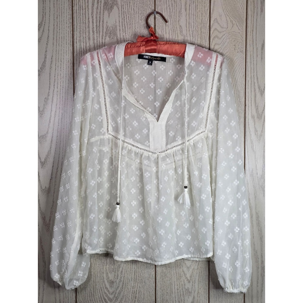 Honey & Sparkle Cream Swiss Dot Tassel Boho Cottagecore Peasan Blouse Medium